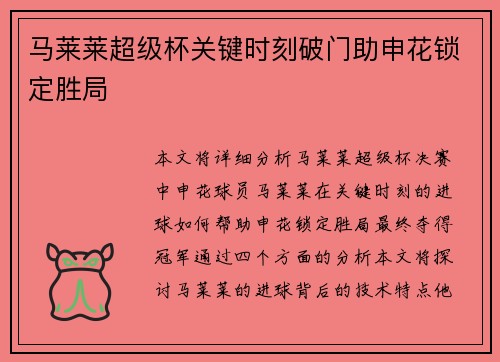 马莱莱超级杯关键时刻破门助申花锁定胜局