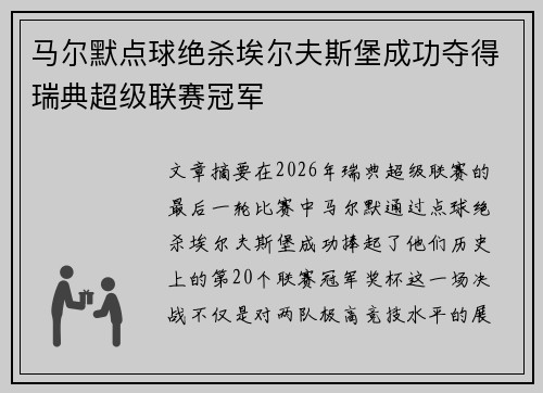 马尔默点球绝杀埃尔夫斯堡成功夺得瑞典超级联赛冠军